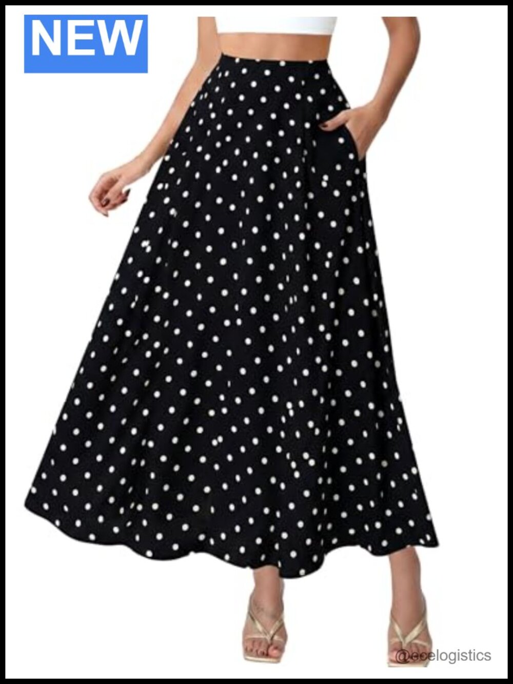 Polka Dot Flowy Maxi Skirt A-line Ruffle Long Skirt with Pockets